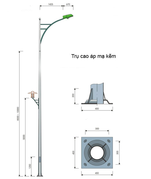 Cột đèn chiếu sáng sắt tráng kẽm bát giác/côn tròn 8M, 3 ly